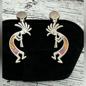 Artisan Silver Kokopelli Earrings with Purple and Orange Spiney Inlays